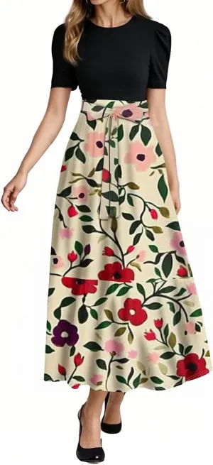 Women's 2025 Summer Floral Crew Neck Midi Dress Boho Short Sleeve High Waist Flowy Beach Vacation Dresses