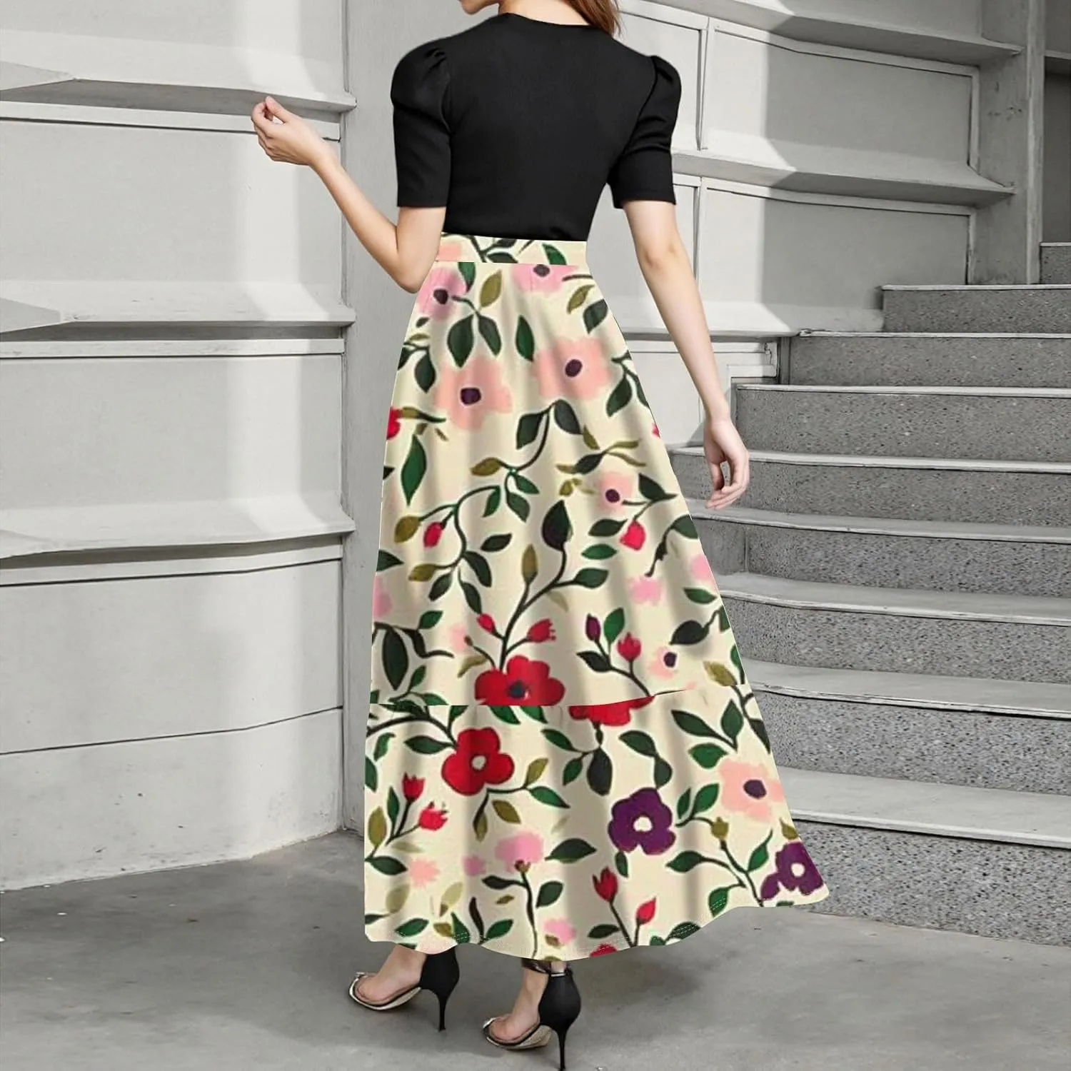 Women's 2025 Summer Floral Crew Neck Midi Dress Boho Short Sleeve High Waist Flowy Beach Vacation Dresses