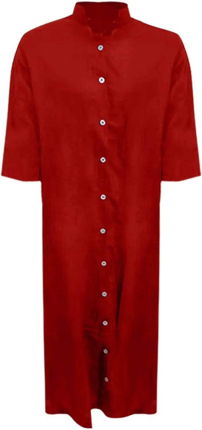 Womens Button Down Rolled-Up Sleeve Long Cotton Linen Blouse Maxi Dress Loose Casual Shirt Swimsuit Cover Up Dresses