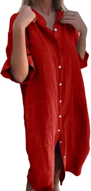 Womens Button Down Rolled-Up Sleeve Long Cotton Linen Blouse Maxi Dress Loose Casual Shirt Swimsuit Cover Up Dresses