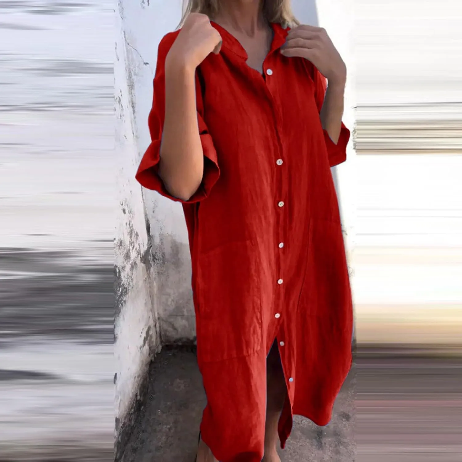 Womens Button Down Rolled-Up Sleeve Long Cotton Linen Blouse Maxi Dress Loose Casual Shirt Swimsuit Cover Up Dresses