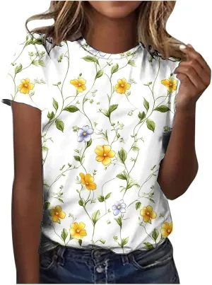 Women's Floral Print Crewneck Tshirt Vintage Dressy Casual Short Sleeve Shirts Lightweight Loose Fit Tunic Tops