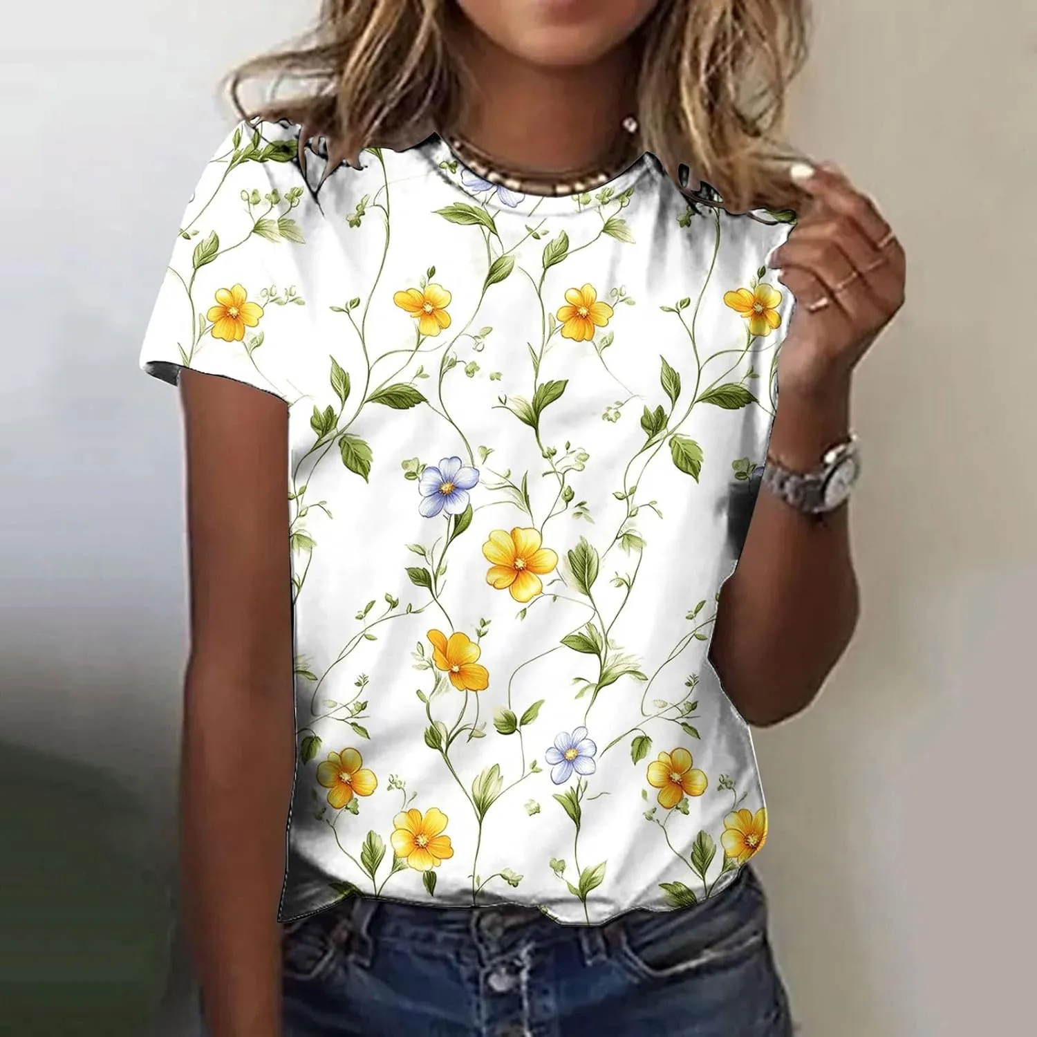 Women's Floral Print Crewneck Tshirt Vintage Dressy Casual Short Sleeve Shirts Lightweight Loose Fit Tunic Tops