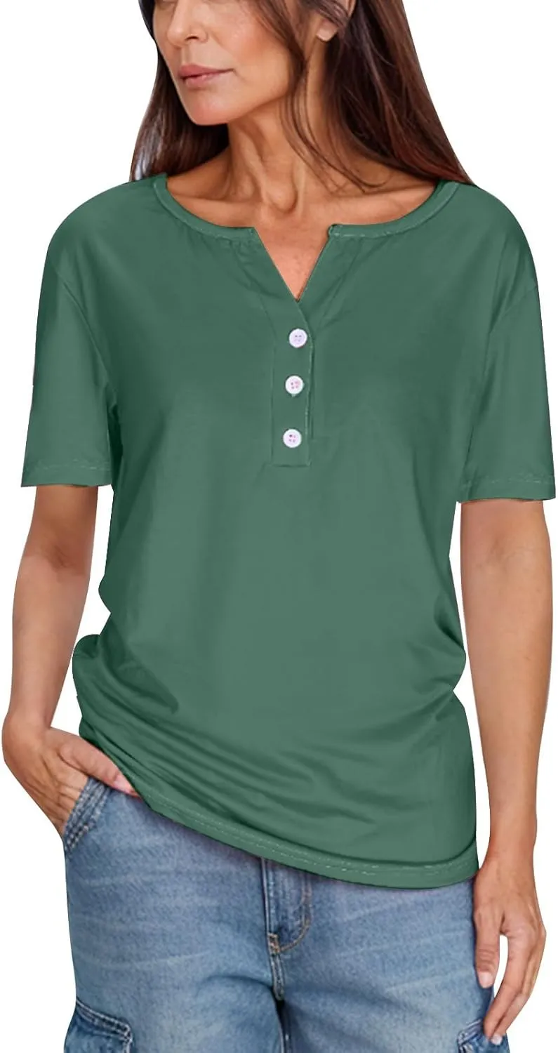 Womens Henley Tops Short Sleeve T-Shirts Button V-Neck Pullover Dressy Casual Blouse Basic Solid Color Tunic Shirt