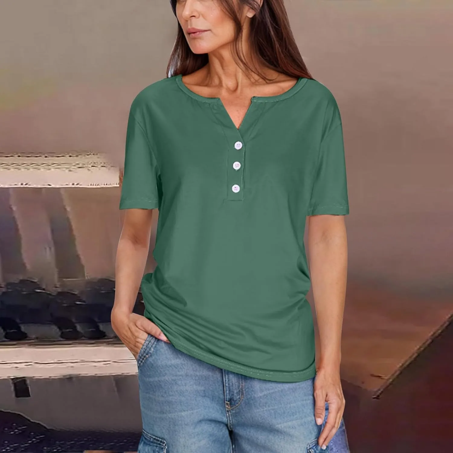 Womens Henley Tops Short Sleeve T-Shirts Button V-Neck Pullover Dressy Casual Blouse Basic Solid Color Tunic Shirt