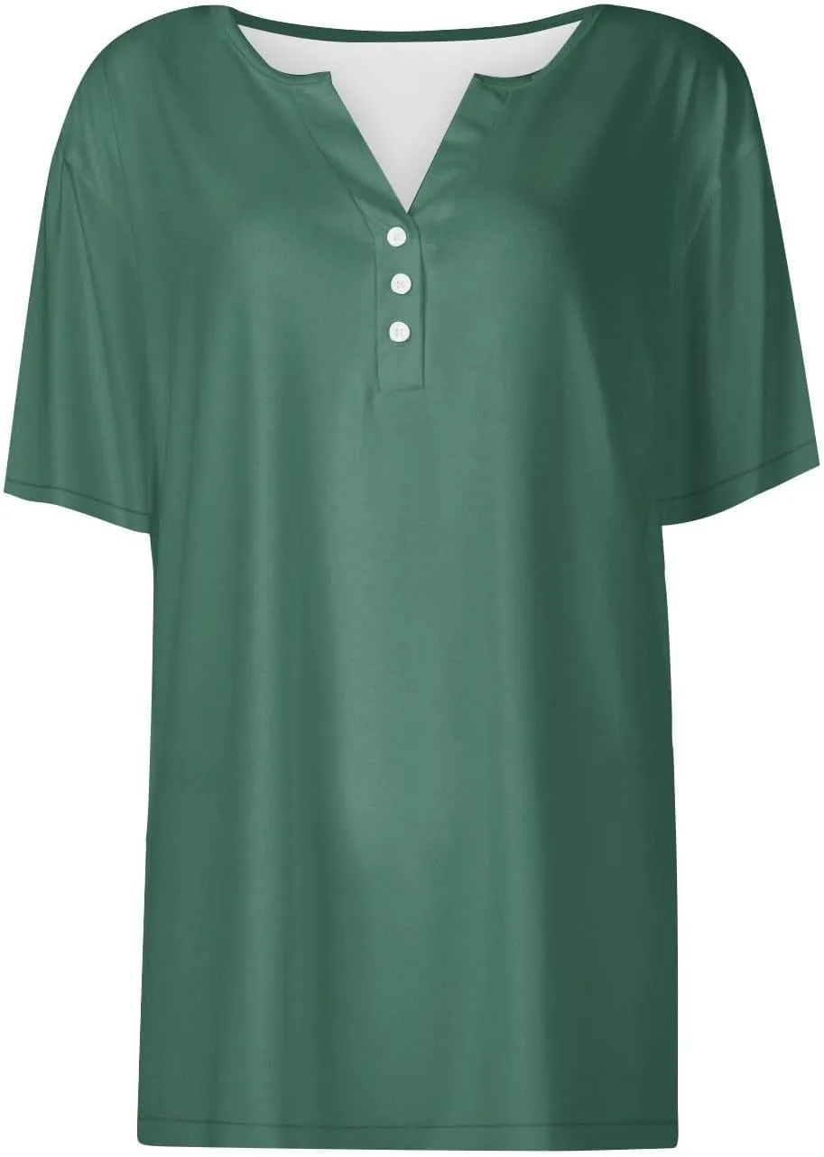 Womens Henley Tops Short Sleeve T-Shirts Button V-Neck Pullover Dressy Casual Blouse Basic Solid Color Tunic Shirt