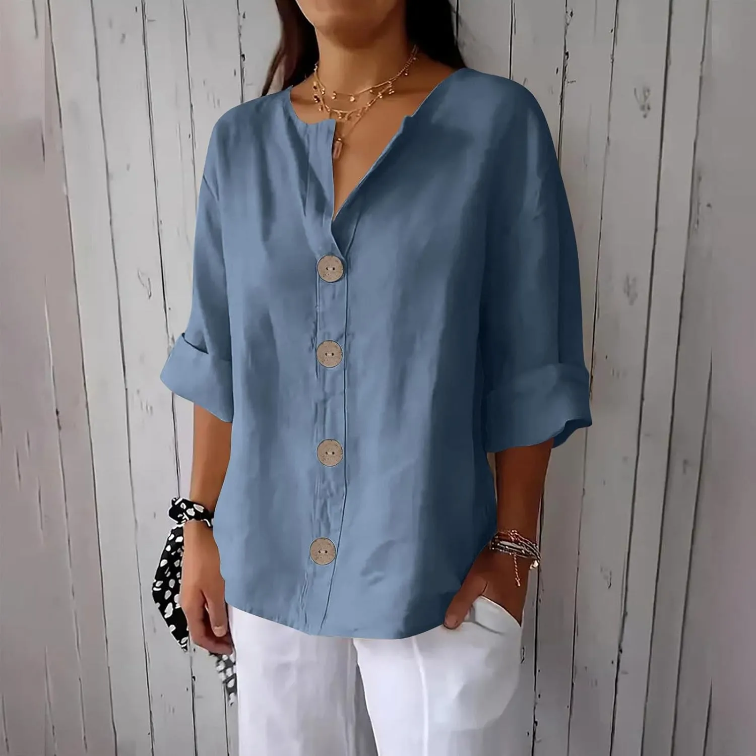 Women's Linen Shirt Button Down V Neck Solid Dressy Blouse 3/4 Sleeves Casual Loose Fit Tunic Tops Summer T Shirts