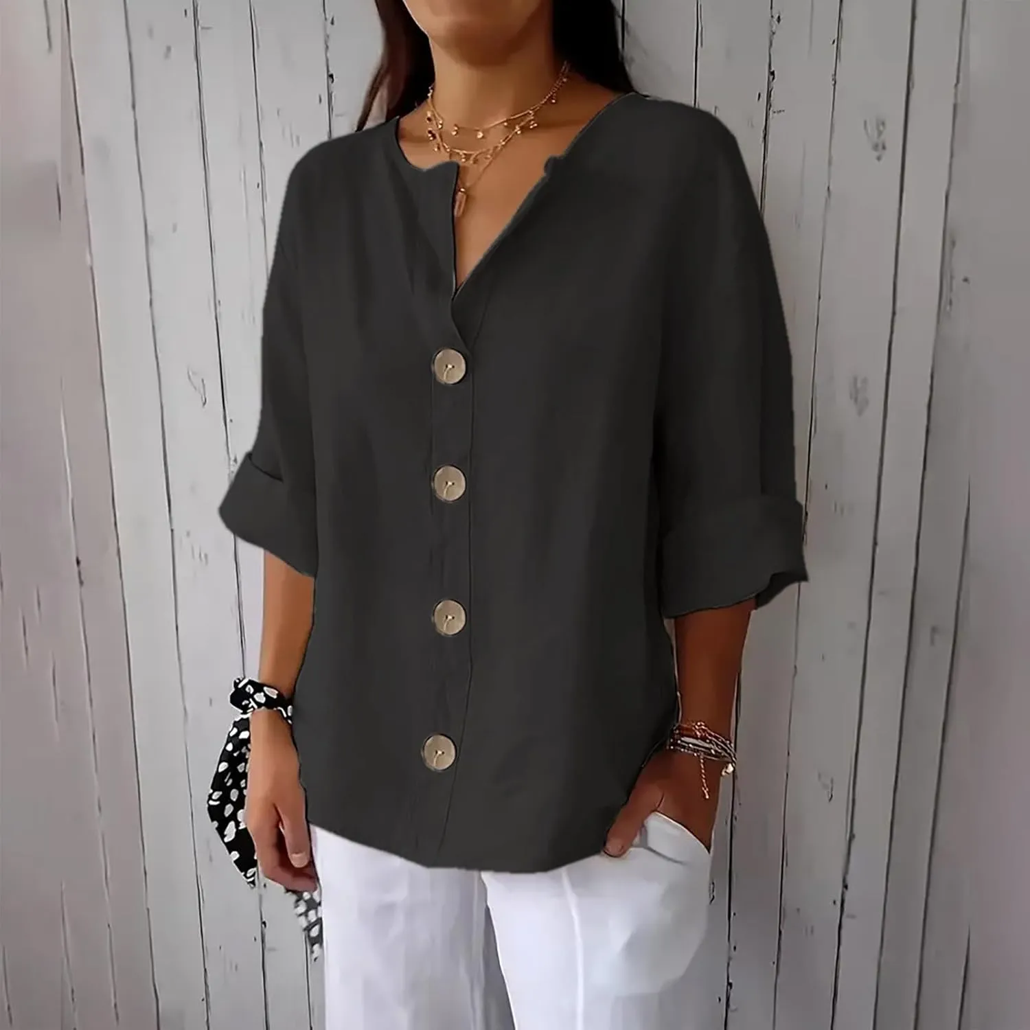 Women's Linen Shirt Button Down V Neck Solid Dressy Blouse 3/4 Sleeves Casual Loose Fit Tunic Tops Summer T Shirts