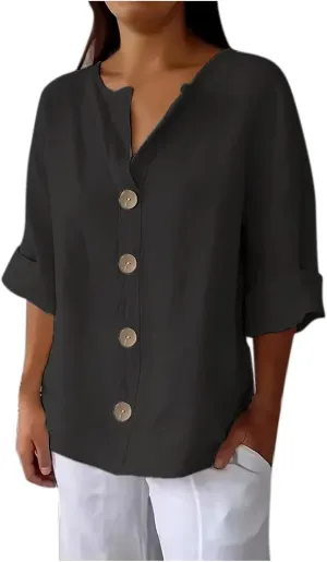 Women's Linen Shirt Button Down V Neck Solid Dressy Blouse 3/4 Sleeves Casual Loose Fit Tunic Tops Summer T Shirts