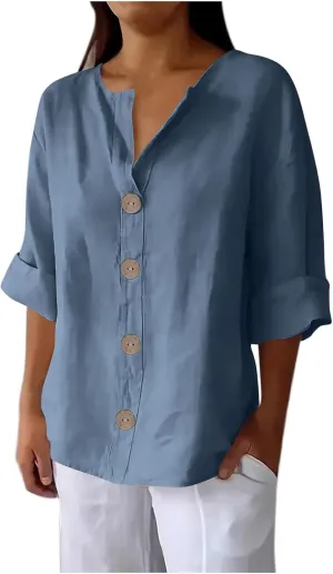 Women's Linen Shirt Button Down V Neck Solid Dressy Blouse 3/4 Sleeves Casual Loose Fit Tunic Tops Summer T Shirts