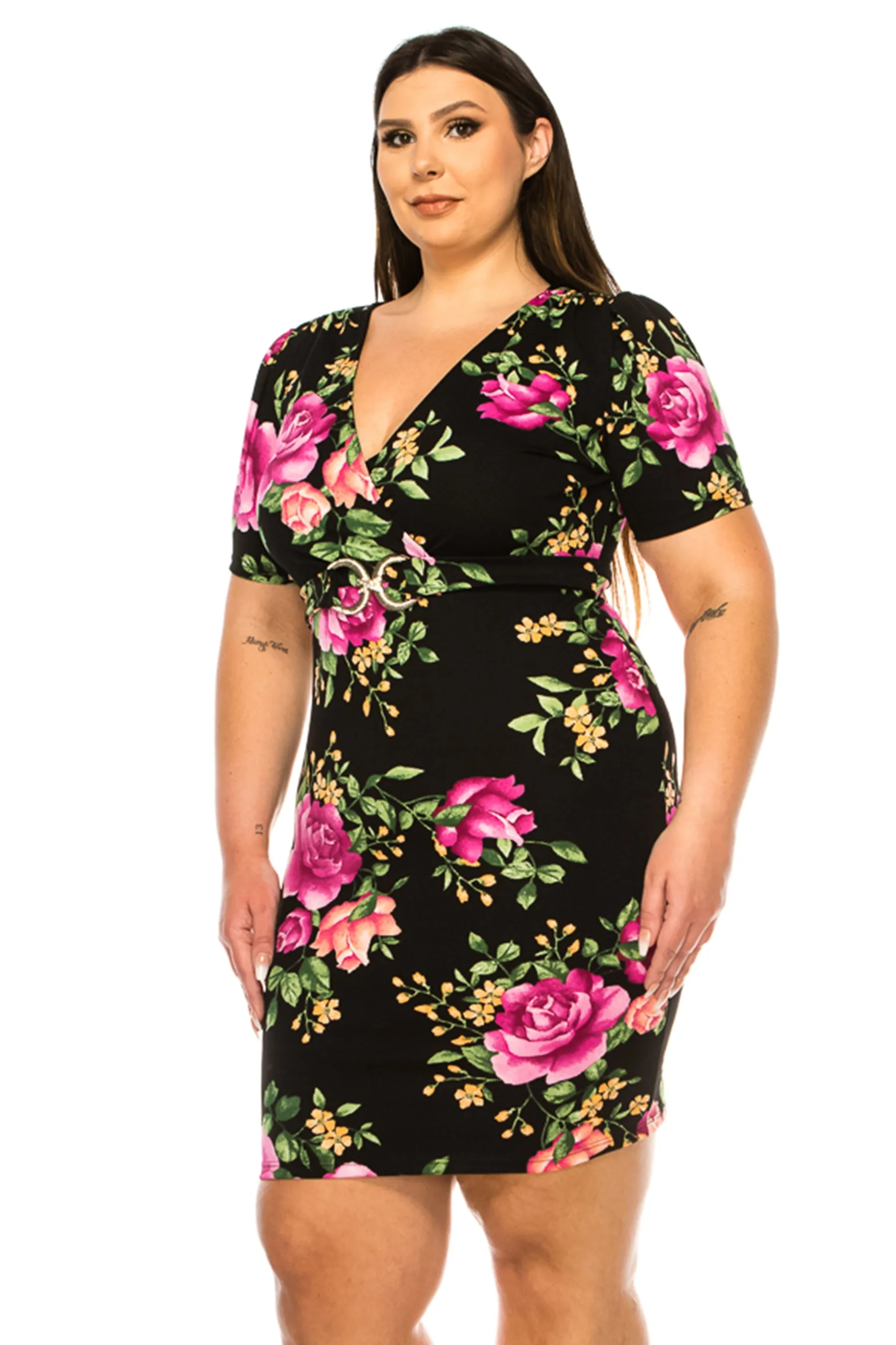Women's Plus Size V-neck Sheath Dress with Buckle Accent and Puff Sleeves