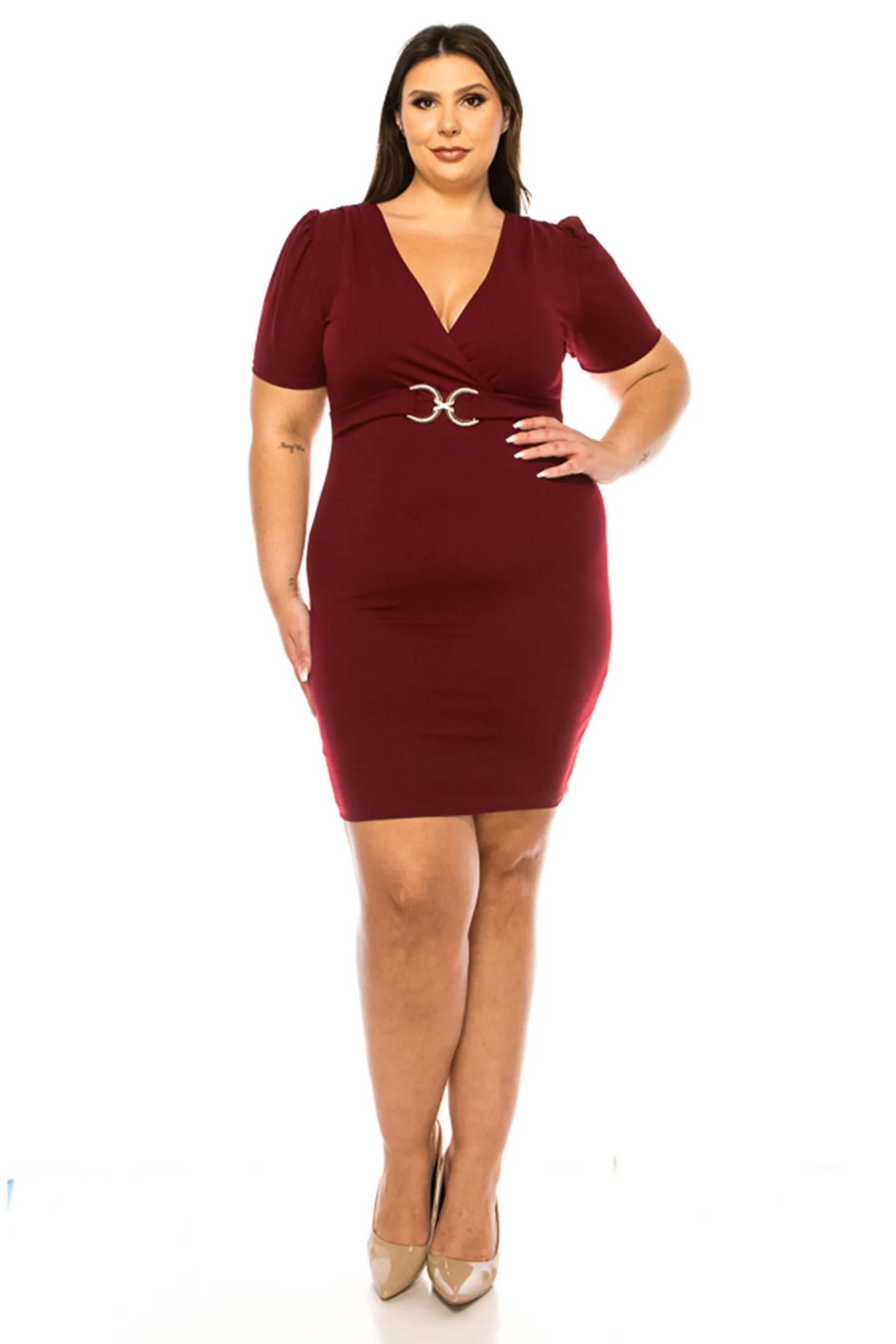 Women's Plus Size V-neck Sheath Dress with Buckle Accent and Puff Sleeves