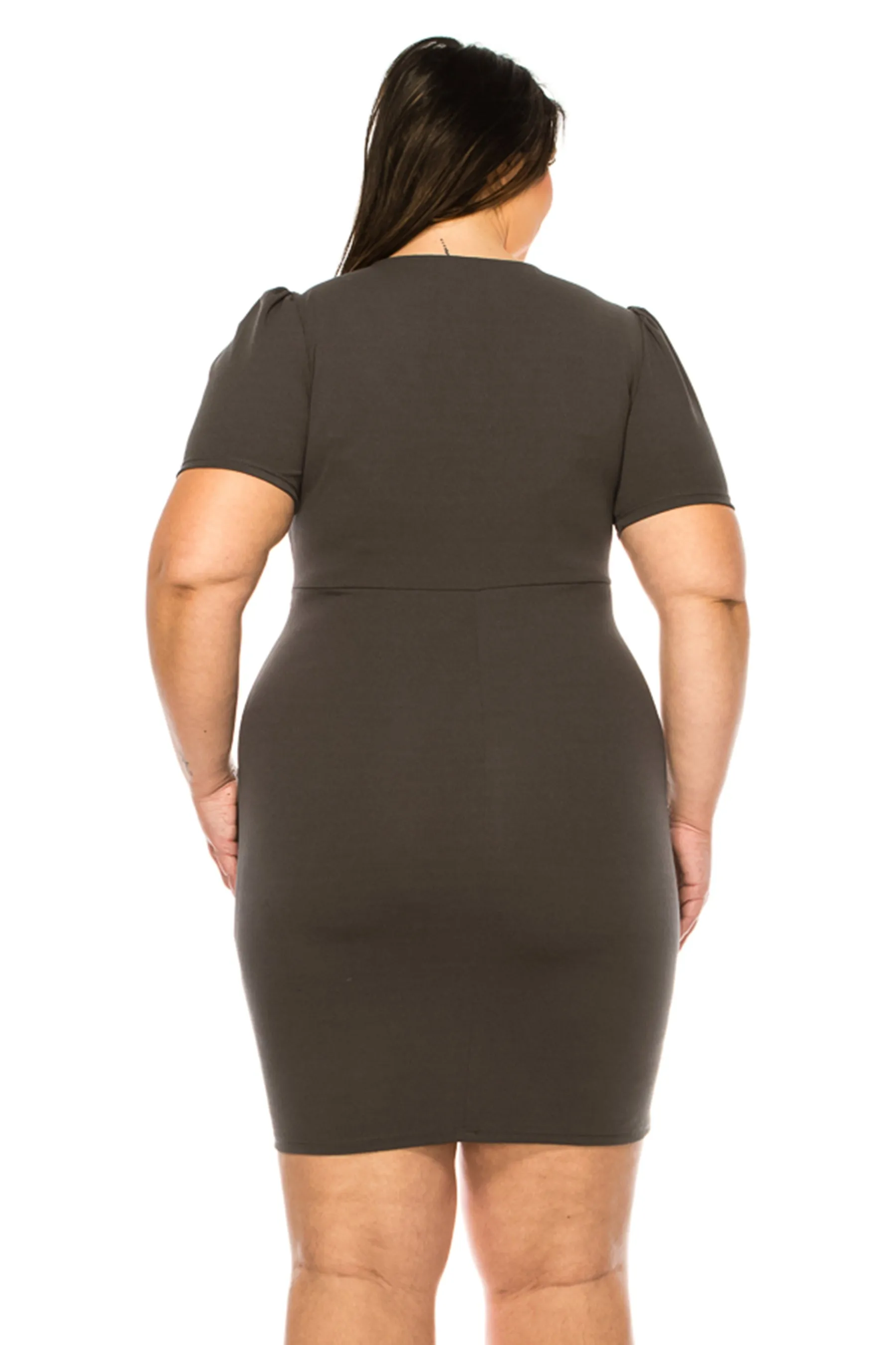 Women's Plus Size V-neck Sheath Dress with Buckle Accent and Puff Sleeves