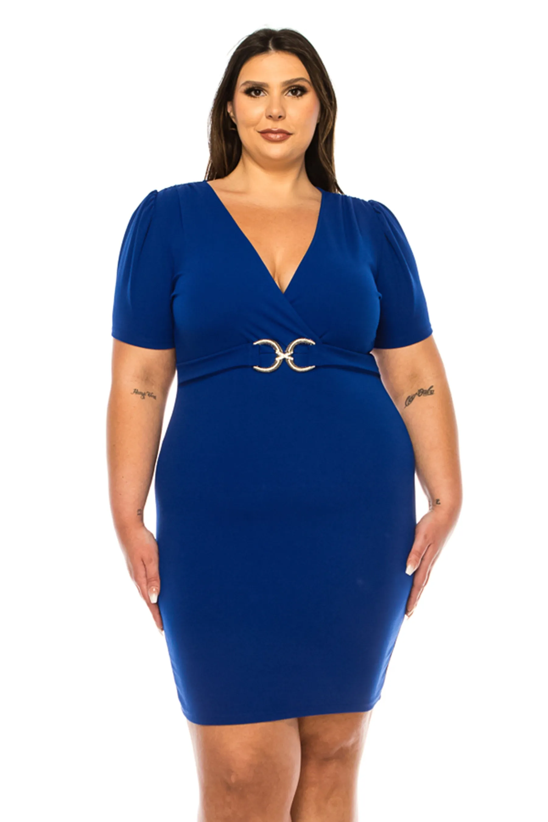 Women's Plus Size V-neck Sheath Dress with Buckle Accent and Puff Sleeves