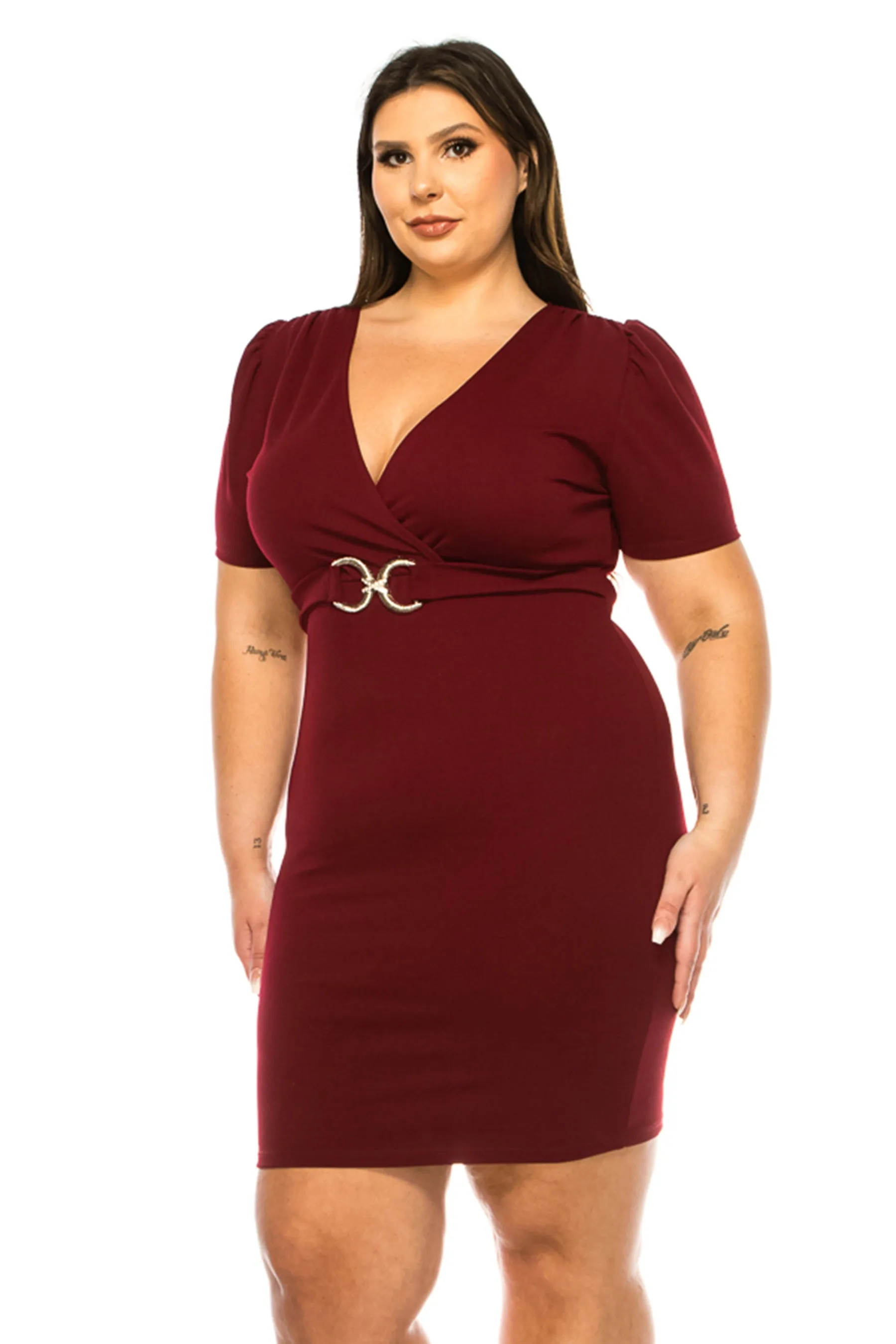 Women's Plus Size V-neck Sheath Dress with Buckle Accent and Puff Sleeves