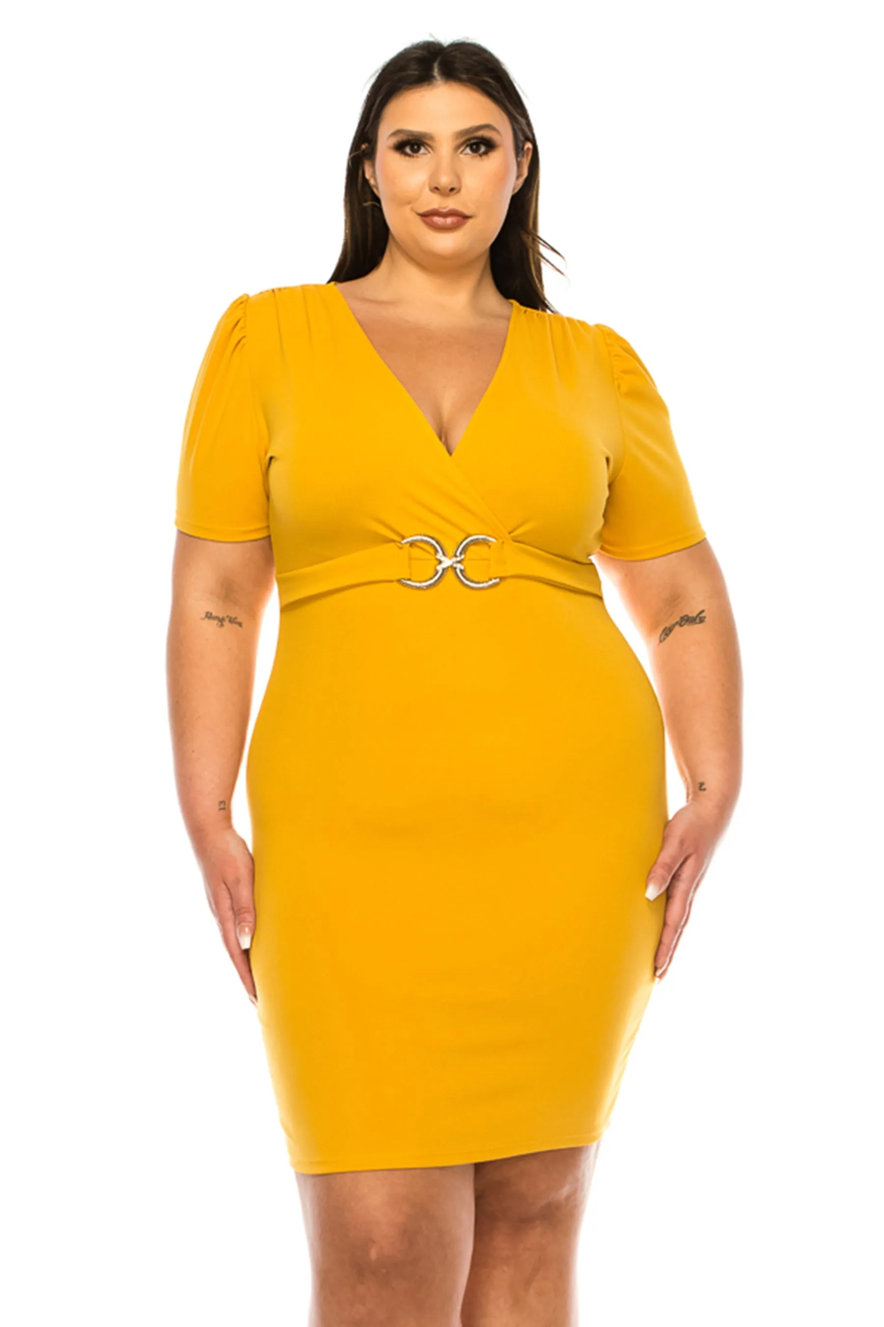 Women's Plus Size V-neck Sheath Dress with Buckle Accent and Puff Sleeves