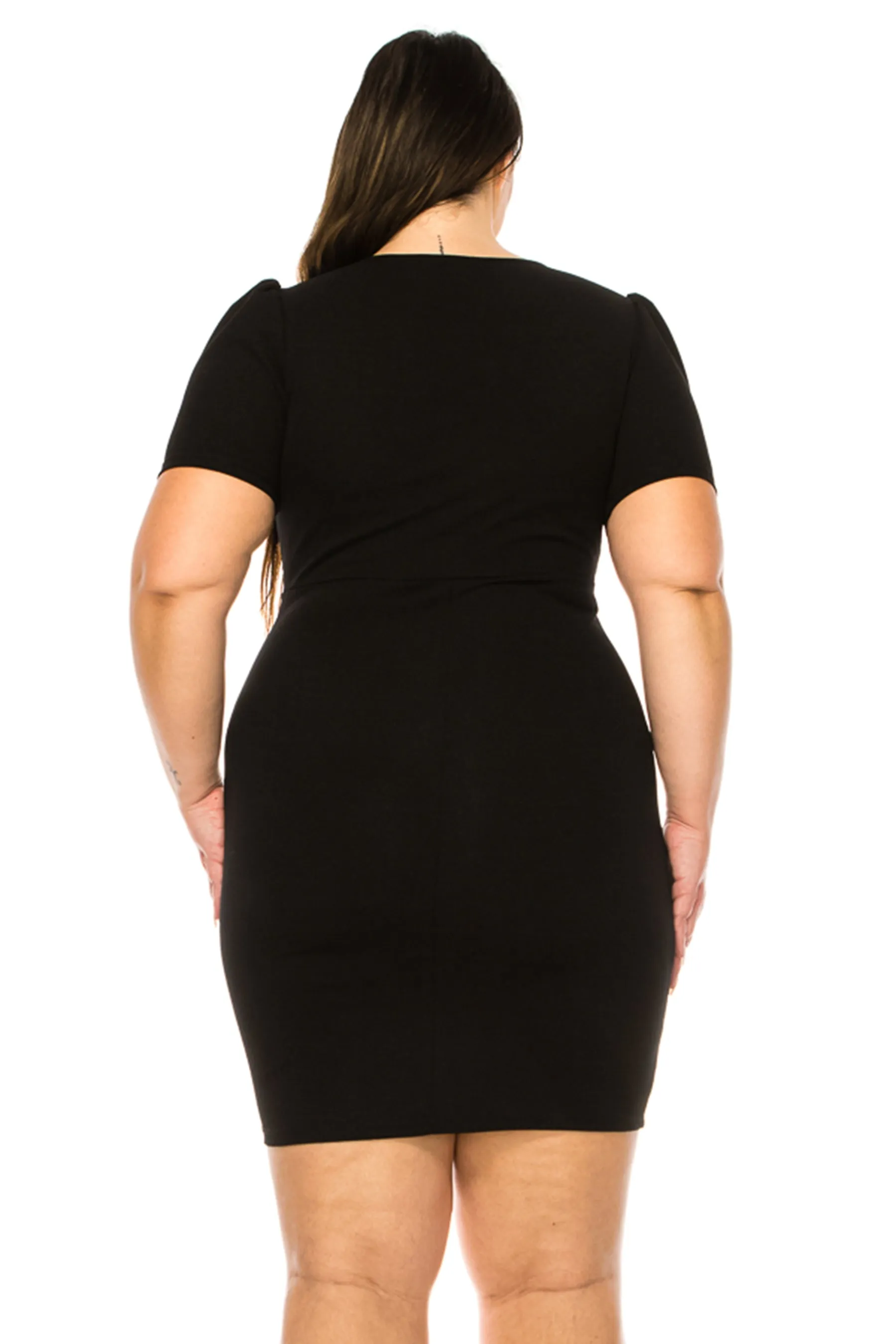Women's Plus Size V-neck Sheath Dress with Buckle Accent and Puff Sleeves