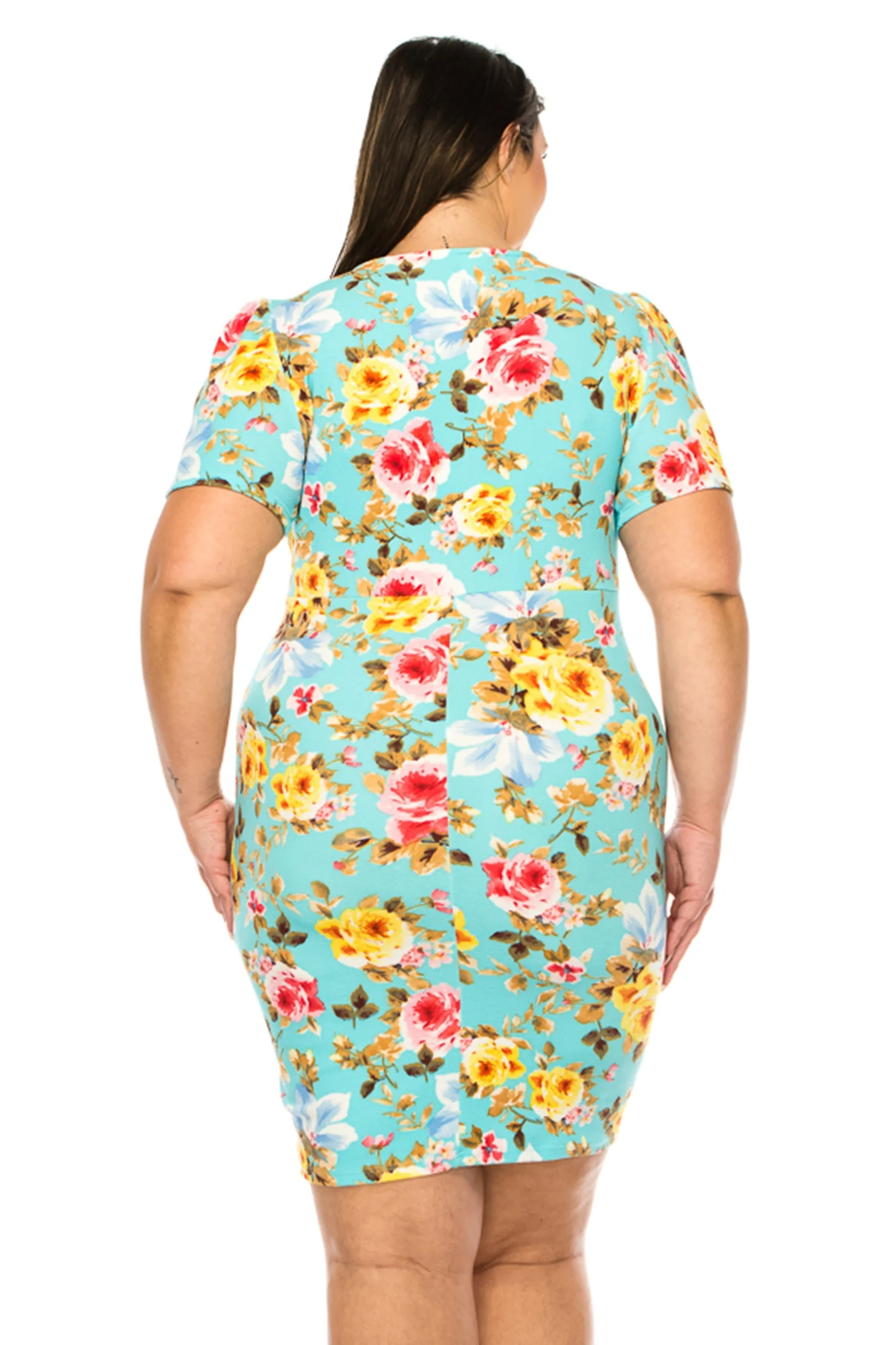 Women's Plus Size V-neck Sheath Dress with Buckle Accent and Puff Sleeves