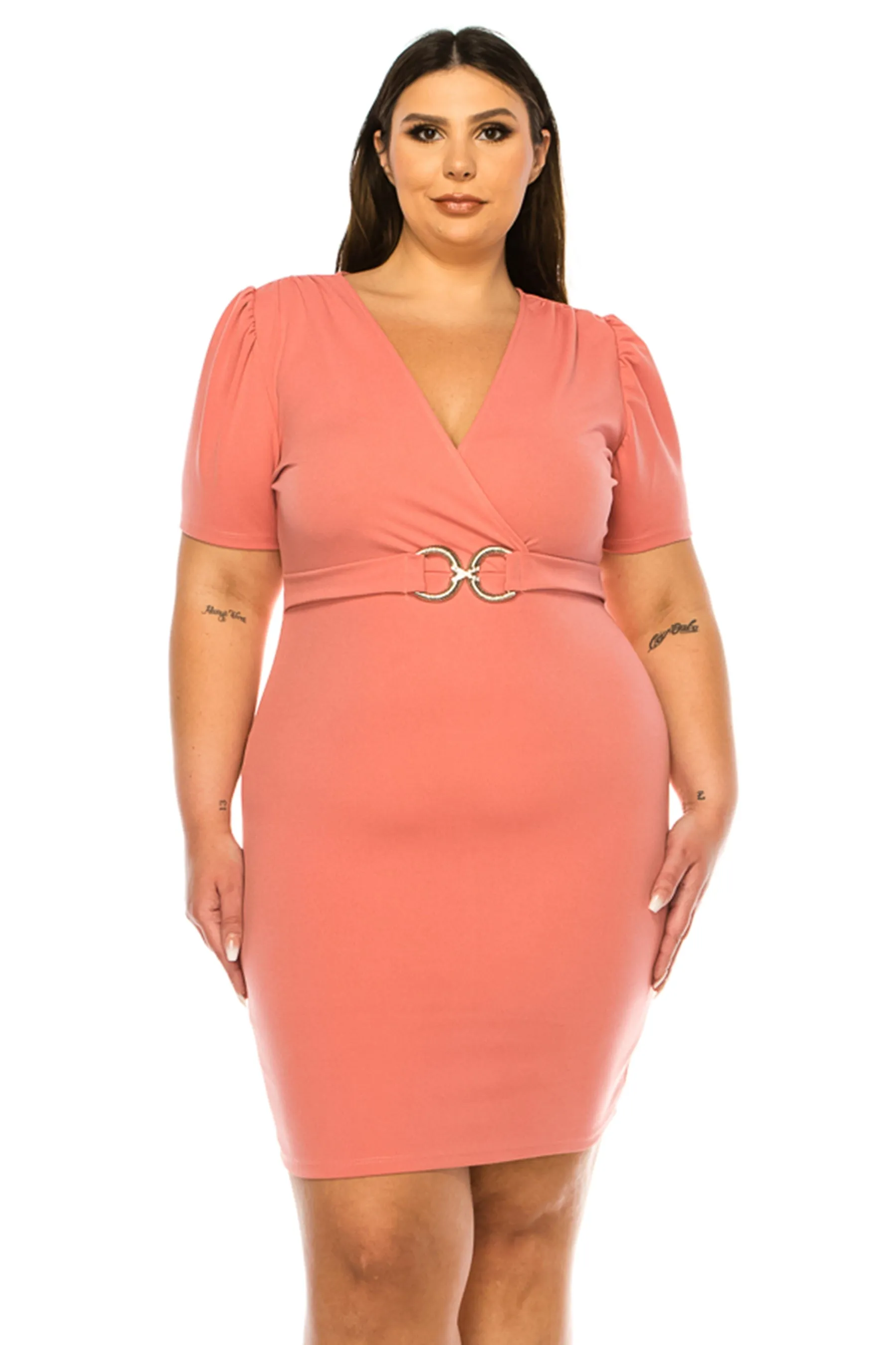 Women's Plus Size V-neck Sheath Dress with Buckle Accent and Puff Sleeves