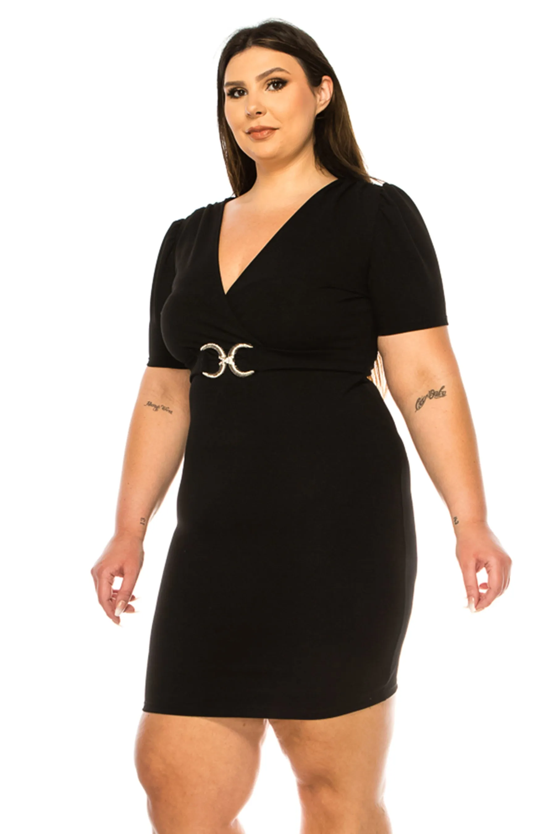 Women's Plus Size V-neck Sheath Dress with Buckle Accent and Puff Sleeves