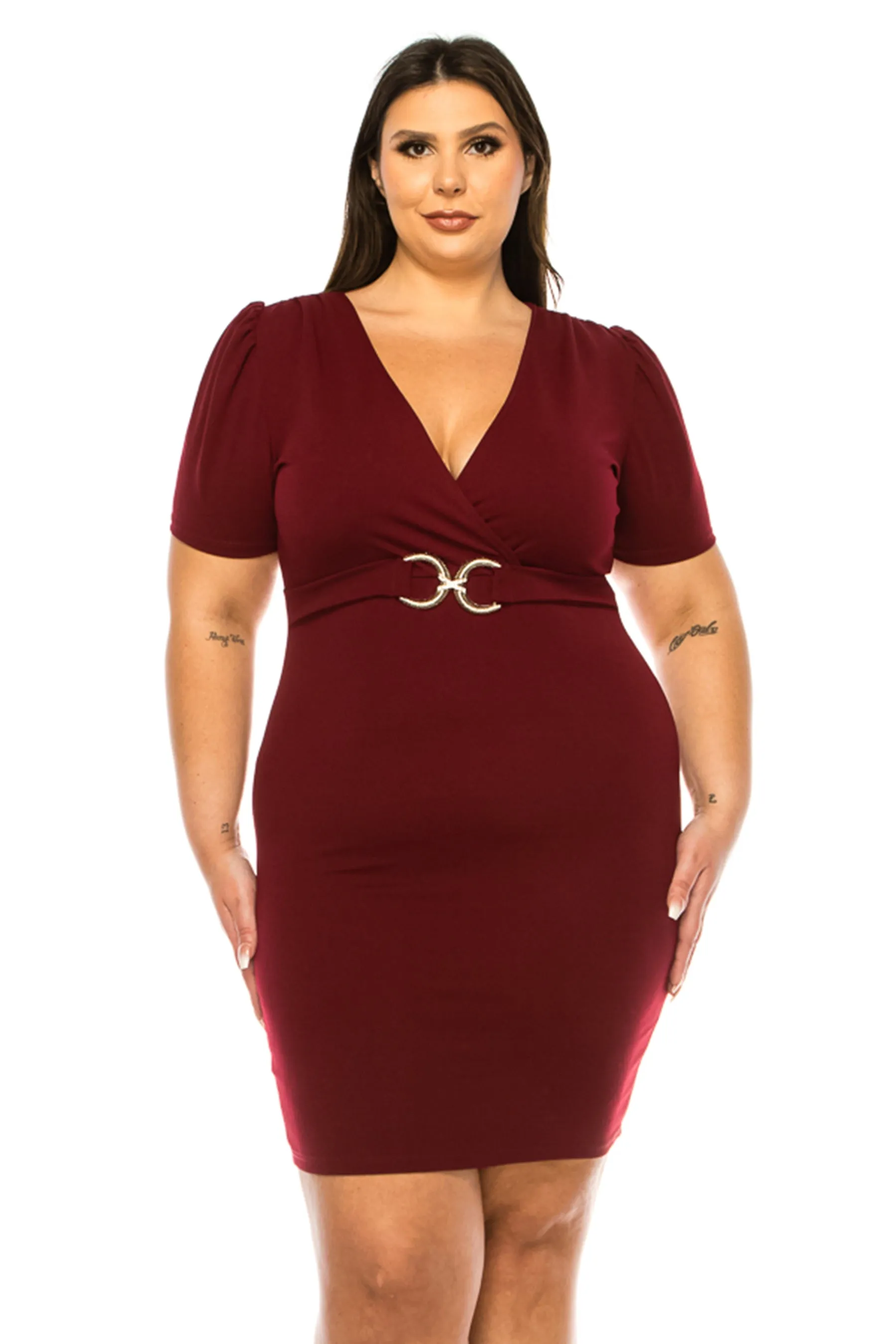 Women's Plus Size V-neck Sheath Dress with Buckle Accent and Puff Sleeves