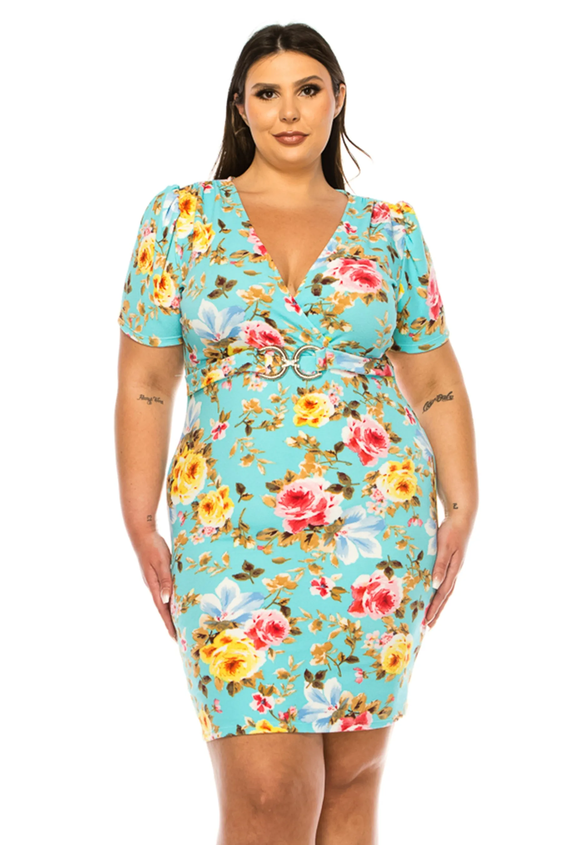 Women's Plus Size V-neck Sheath Dress with Buckle Accent and Puff Sleeves