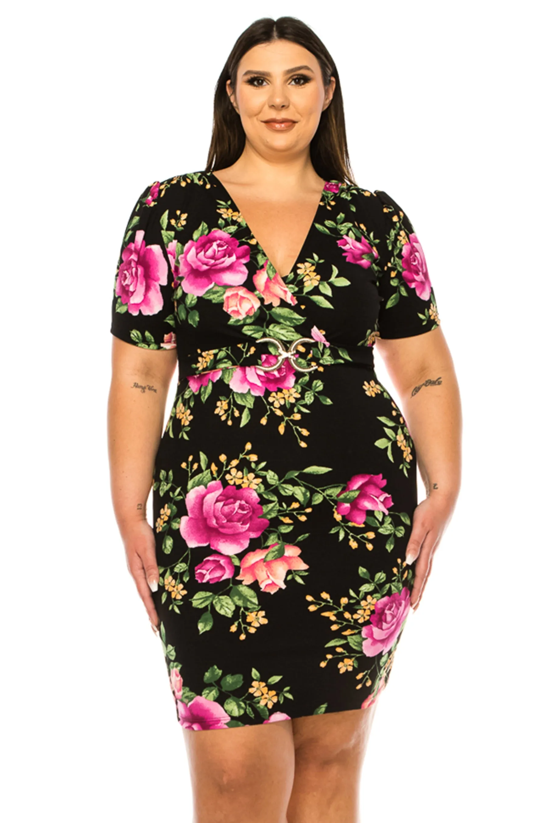 Women's Plus Size V-neck Sheath Dress with Buckle Accent and Puff Sleeves