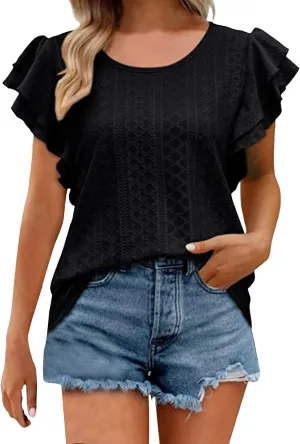 Womens Tops Summer Ruffle Sleeve Crew Neck Tshirts Loose Fit Casual Cute Top Blouses