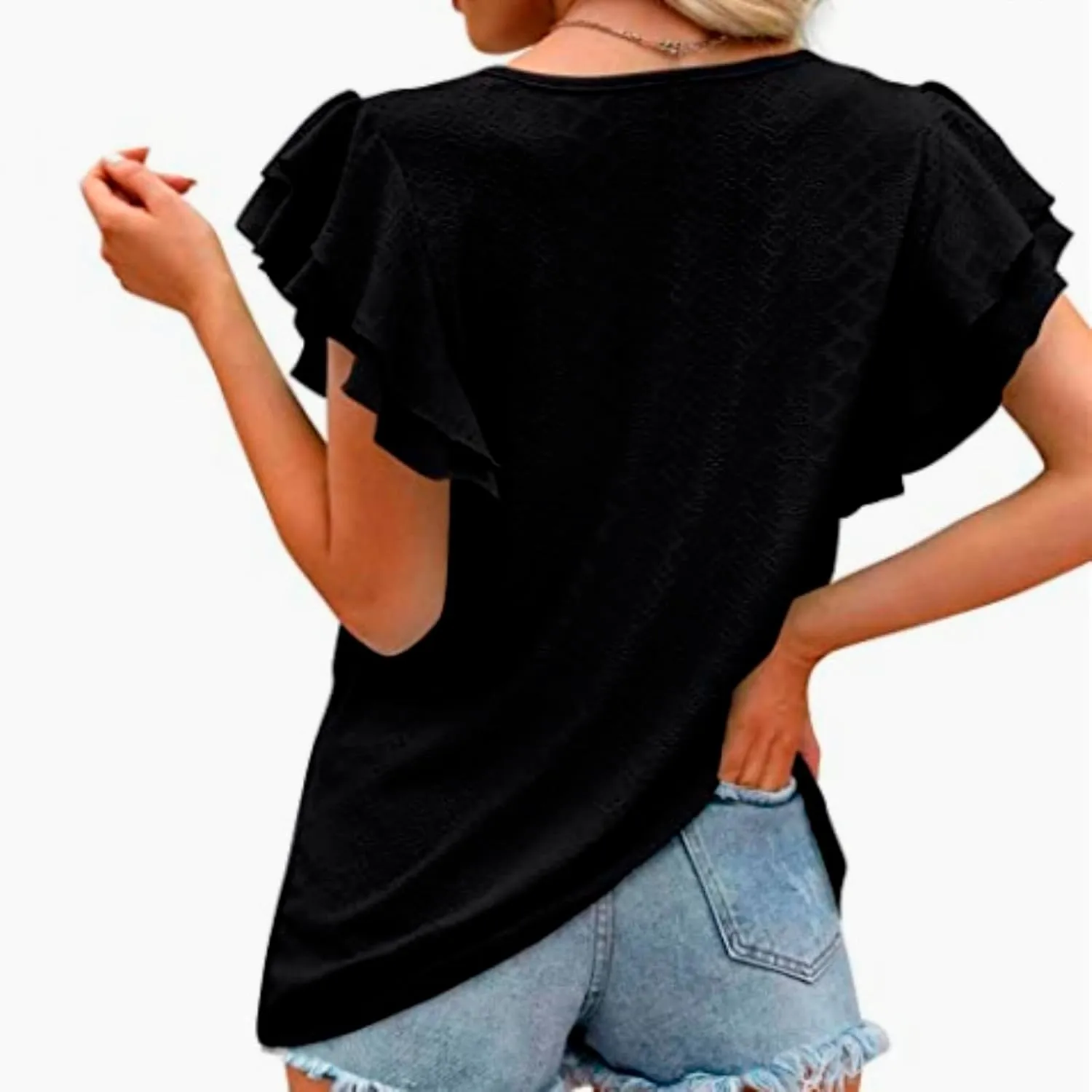 Womens Tops Summer Ruffle Sleeve Crew Neck Tshirts Loose Fit Casual Cute Top Blouses