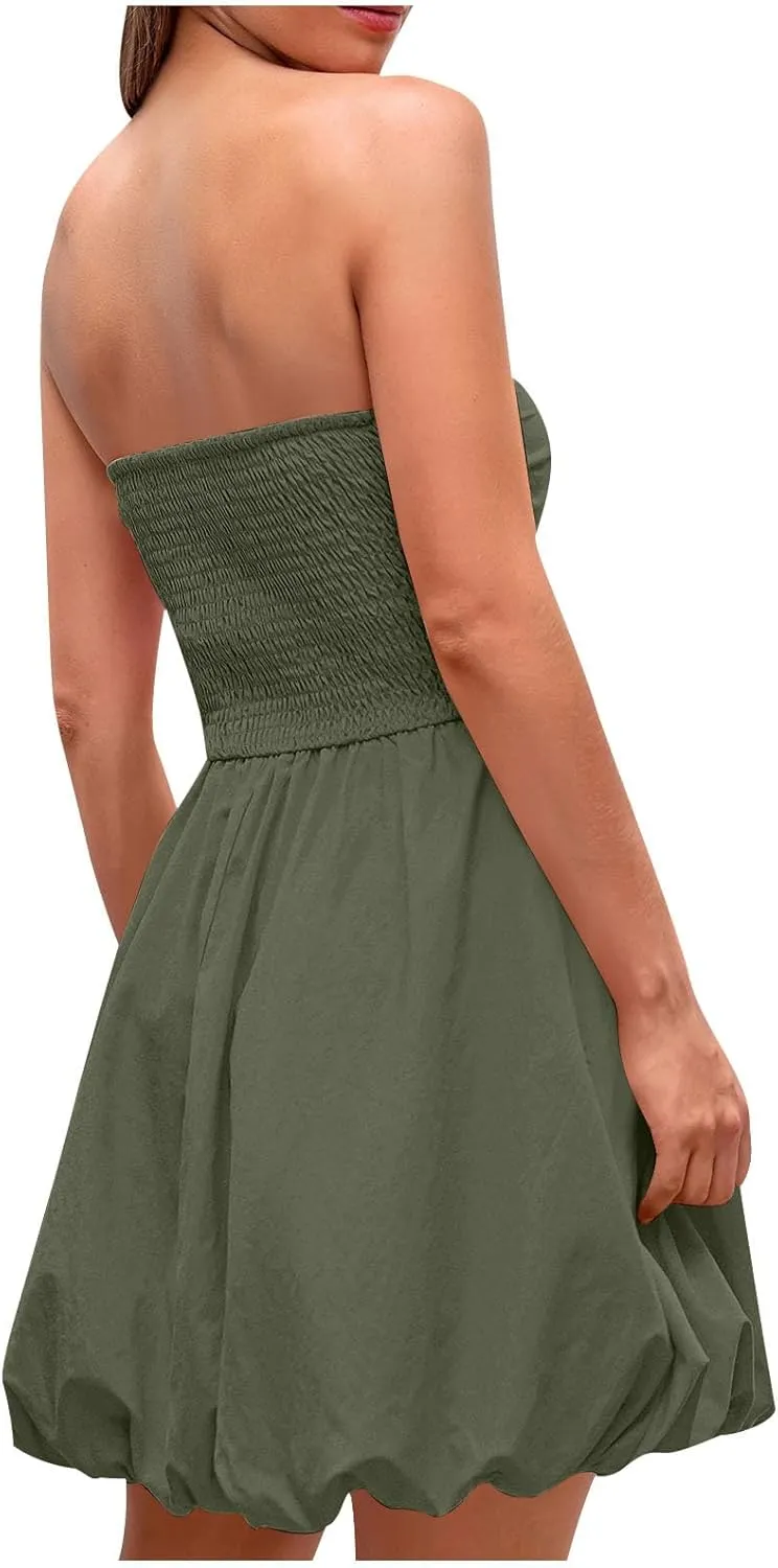Women's Tube Top Dress 2025 Summer Casual Smocked A Line Sundress Trendy Strapless Bubble Short Beach Mini Dresses