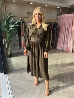 Elegant Zarina Khaki Casual Dress with Floral Accents for Women