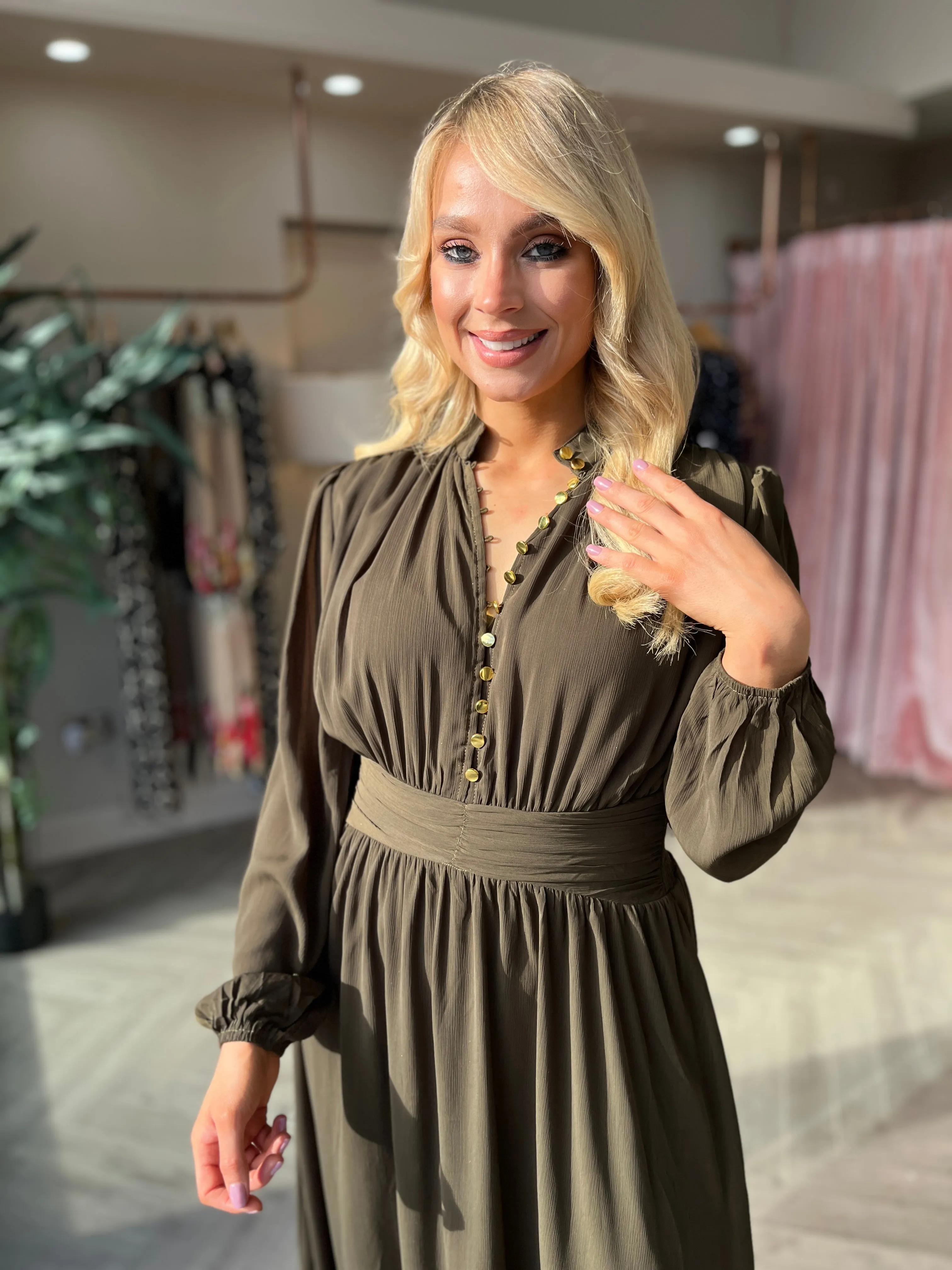 Elegant Zarina Khaki Casual Dress with Floral Accents for Women