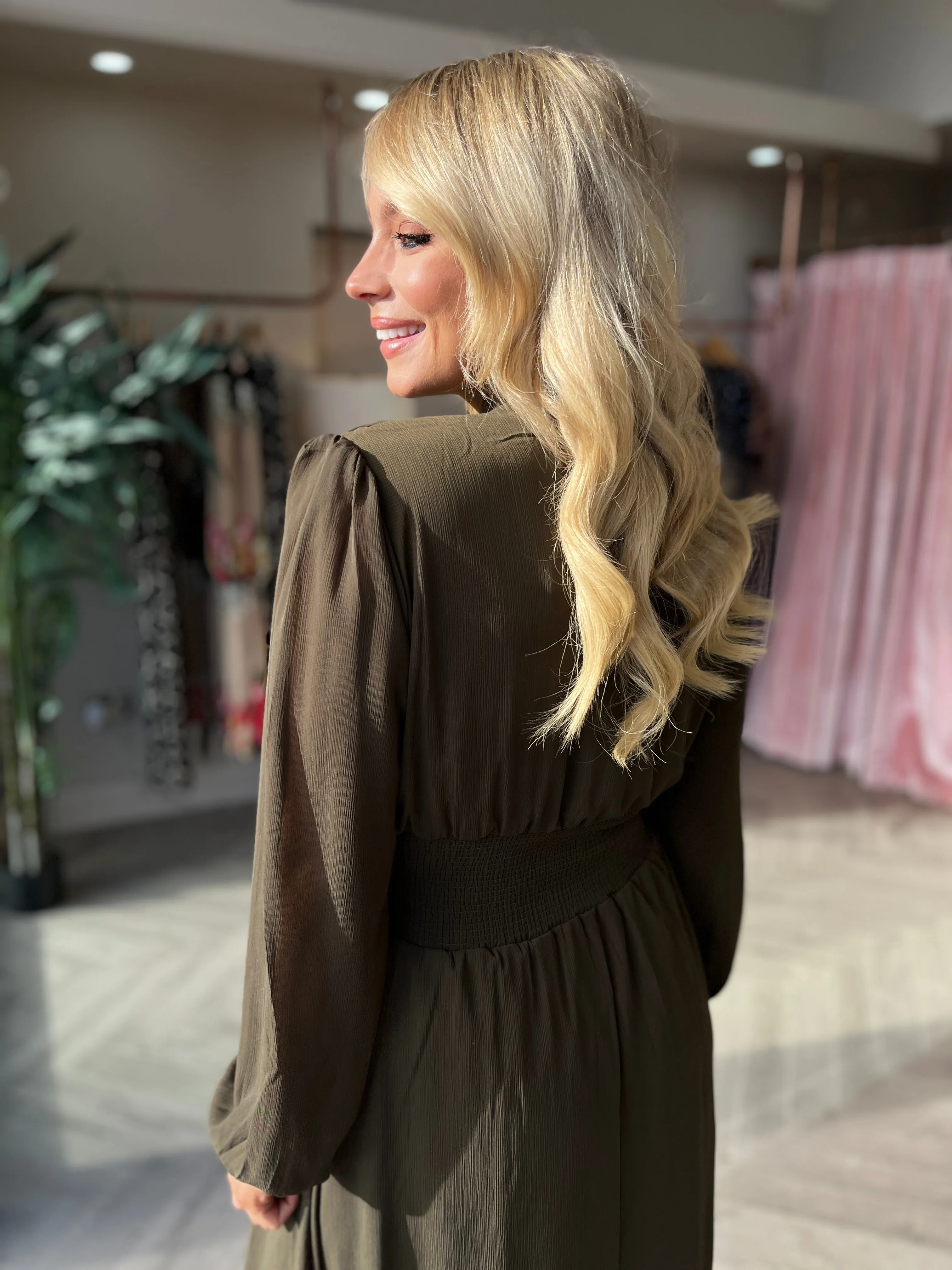 Elegant Zarina Khaki Casual Dress with Floral Accents for Women